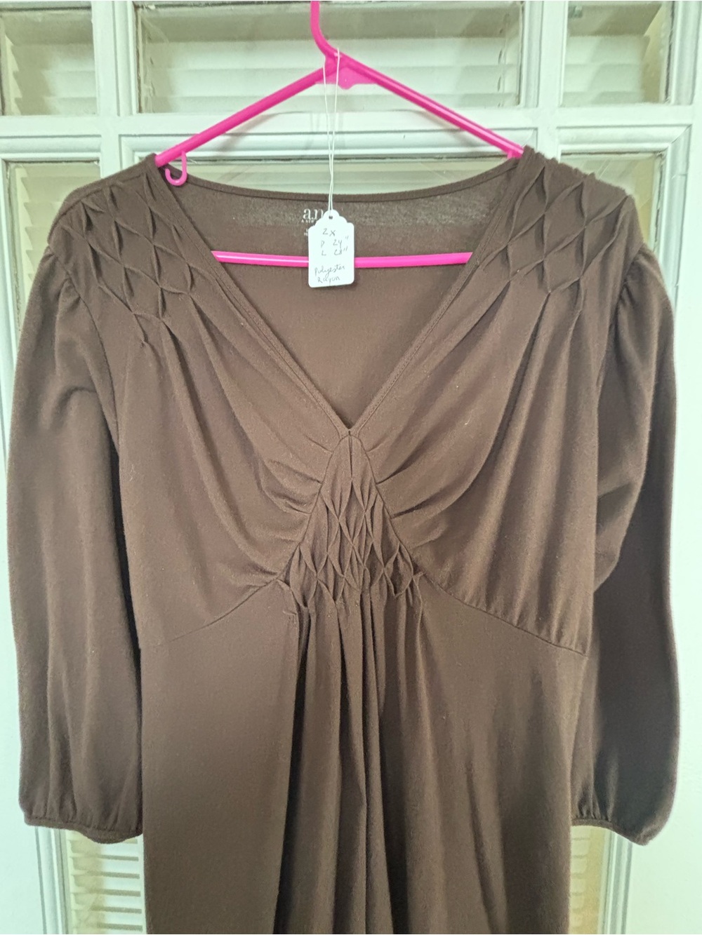 a.n.a Brown V-Neck Long Sleeve Smocked Women's Top-2x